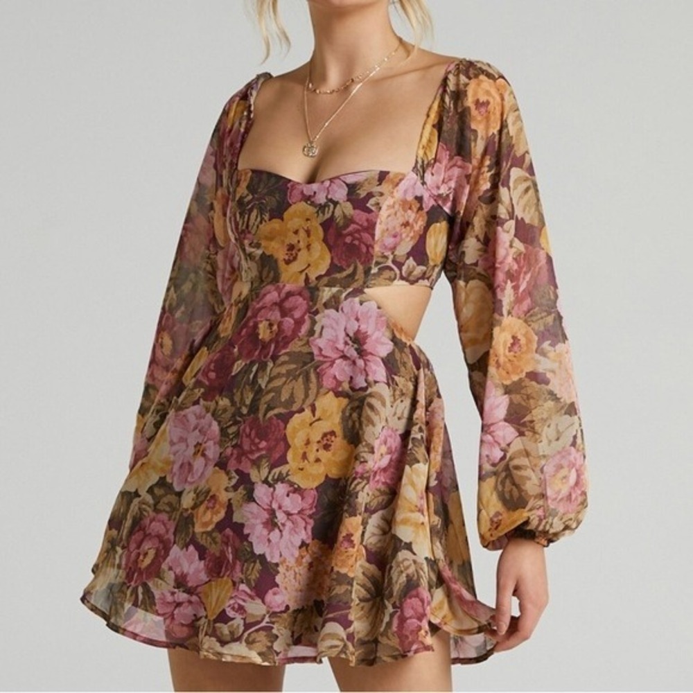 Showpo Floral Mini Dress Long Balloon Sleeve Open Back Wedding Guest US 4‎